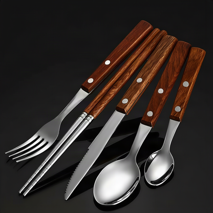Besteckset 12-teilig, Edelstahl mit Holzgriff