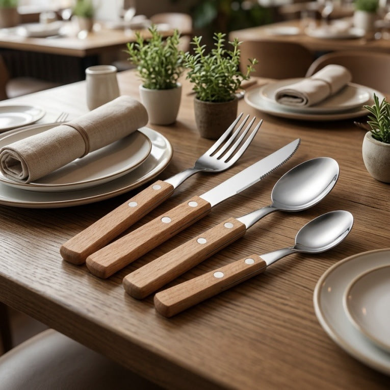 Besteckset 12-teilig, Edelstahl mit Holzgriff