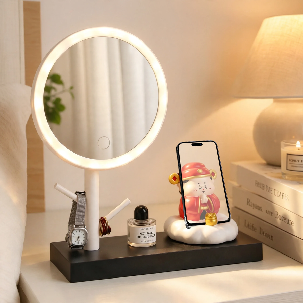 Schminkspiegel mit LED-Beleuchtung und Handyhalter