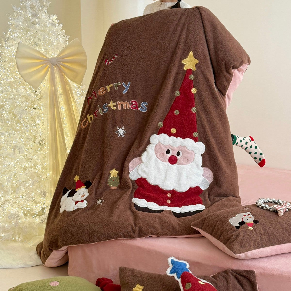 Weihnachts-Bettwäsche-Set aus Fleece, 4-teilig, gesteppt