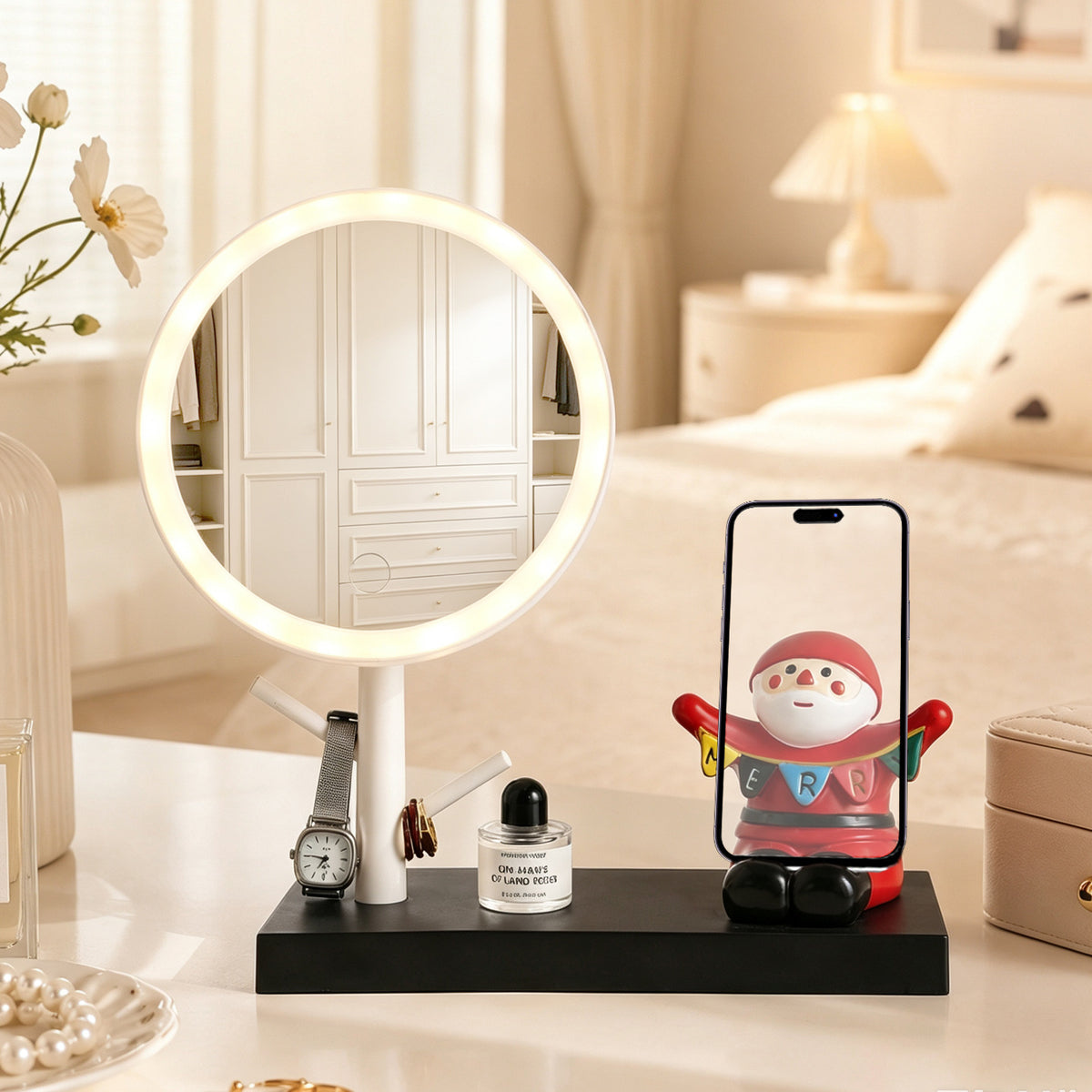 LED-Schminkspiegel mit Smartphone-Ständer
