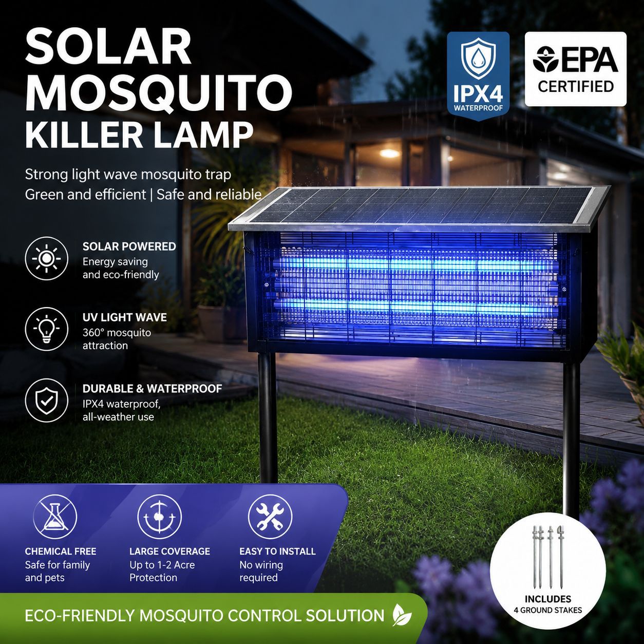 Solar-Insektenvernichter für außen, LED, mit Akku