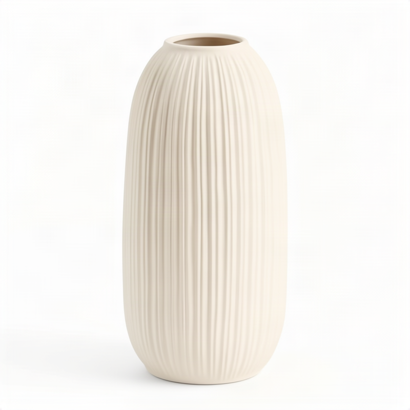 Keramikblumenvase mit Rillen, modern, Weiß