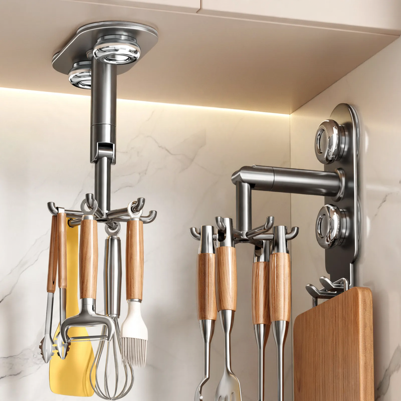Drehbarer Küchenorganizer, Wandmontage, 6 Haken, Edelstahl