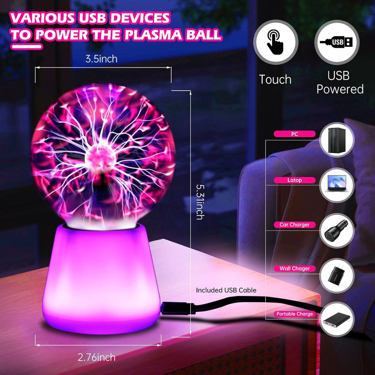 Plasmaball-Leuchte, USB, Touchsensor, 7,6×7,6×14 cm