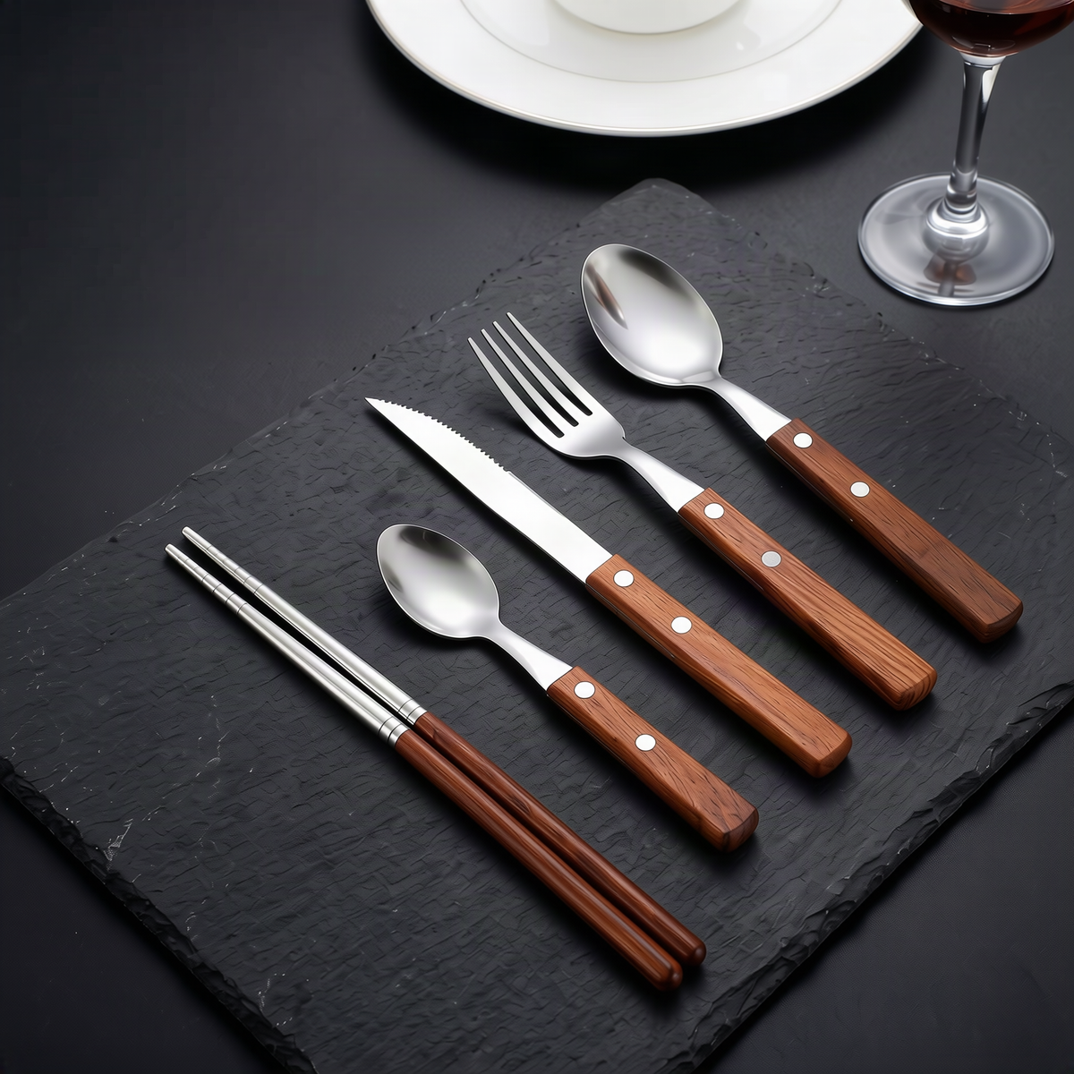 Besteckset 12-teilig, Edelstahl mit Holzgriff