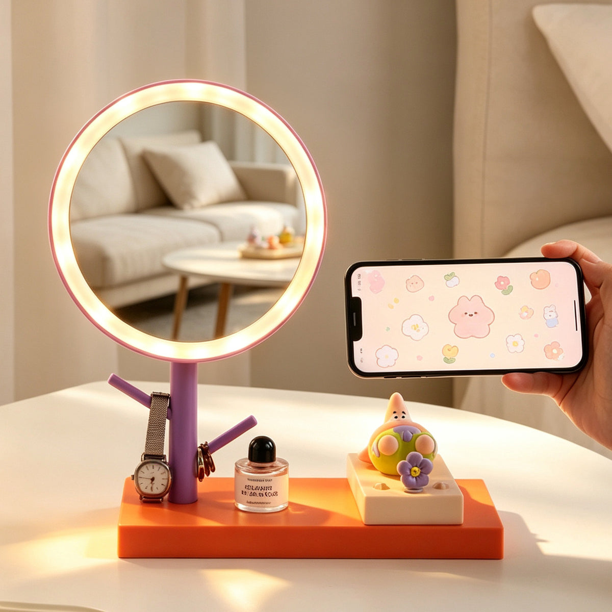 LED-Kosmetikspiegel mit Handyhalter