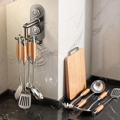 Drehbarer Küchenorganizer, Wandmontage, 6 Haken, Edelstahl