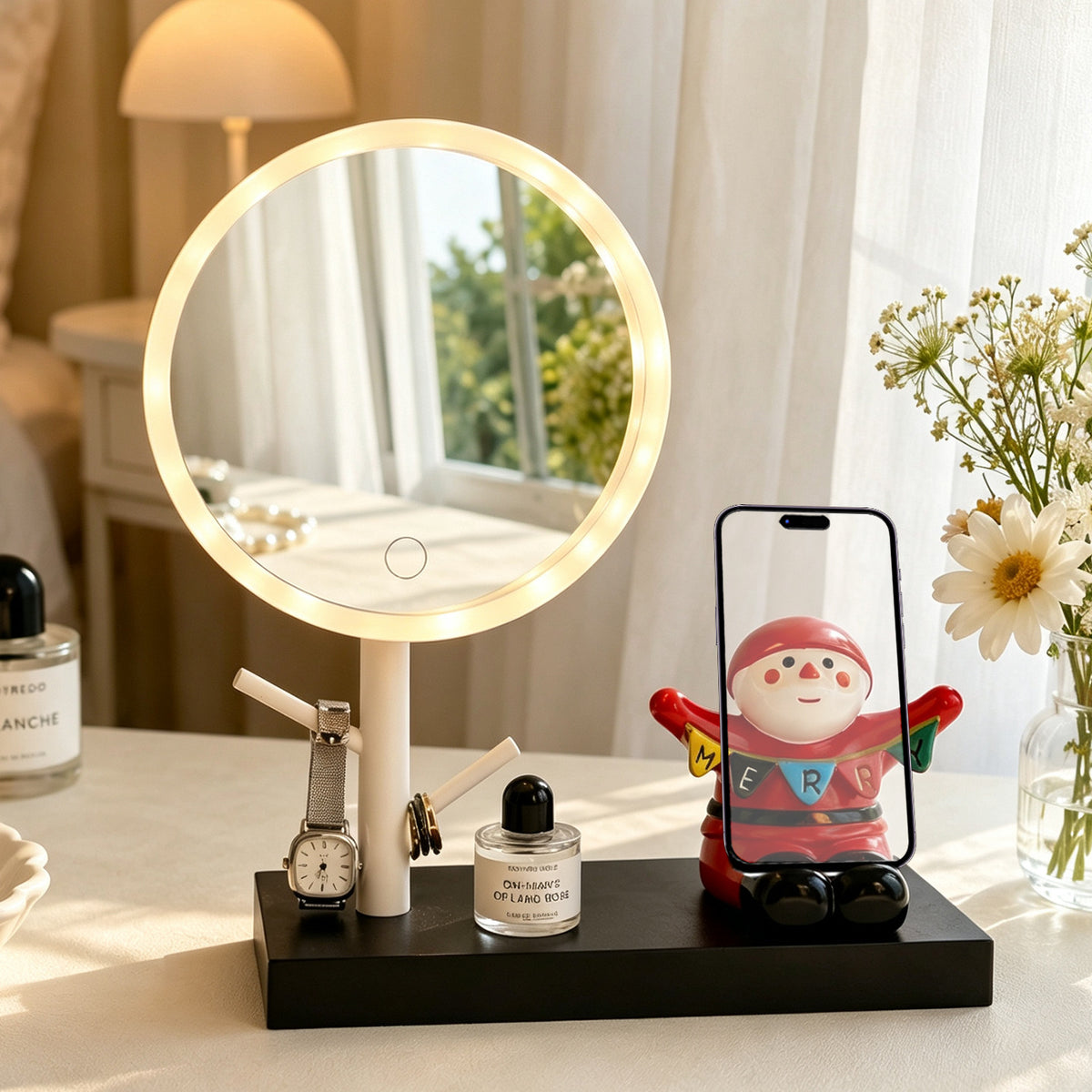 LED-Schminkspiegel mit Smartphone-Ständer