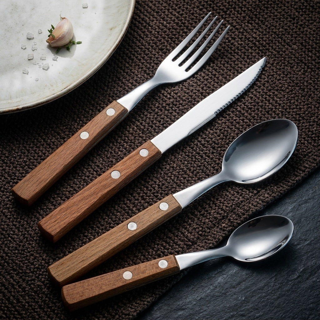 Besteckset 12-teilig, Edelstahl mit Holzgriff