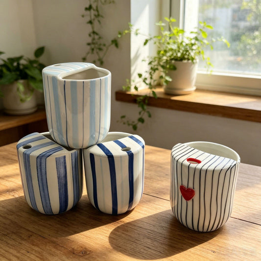 Keramik-Kaffeetasse mit Streifen und Herzmotiv