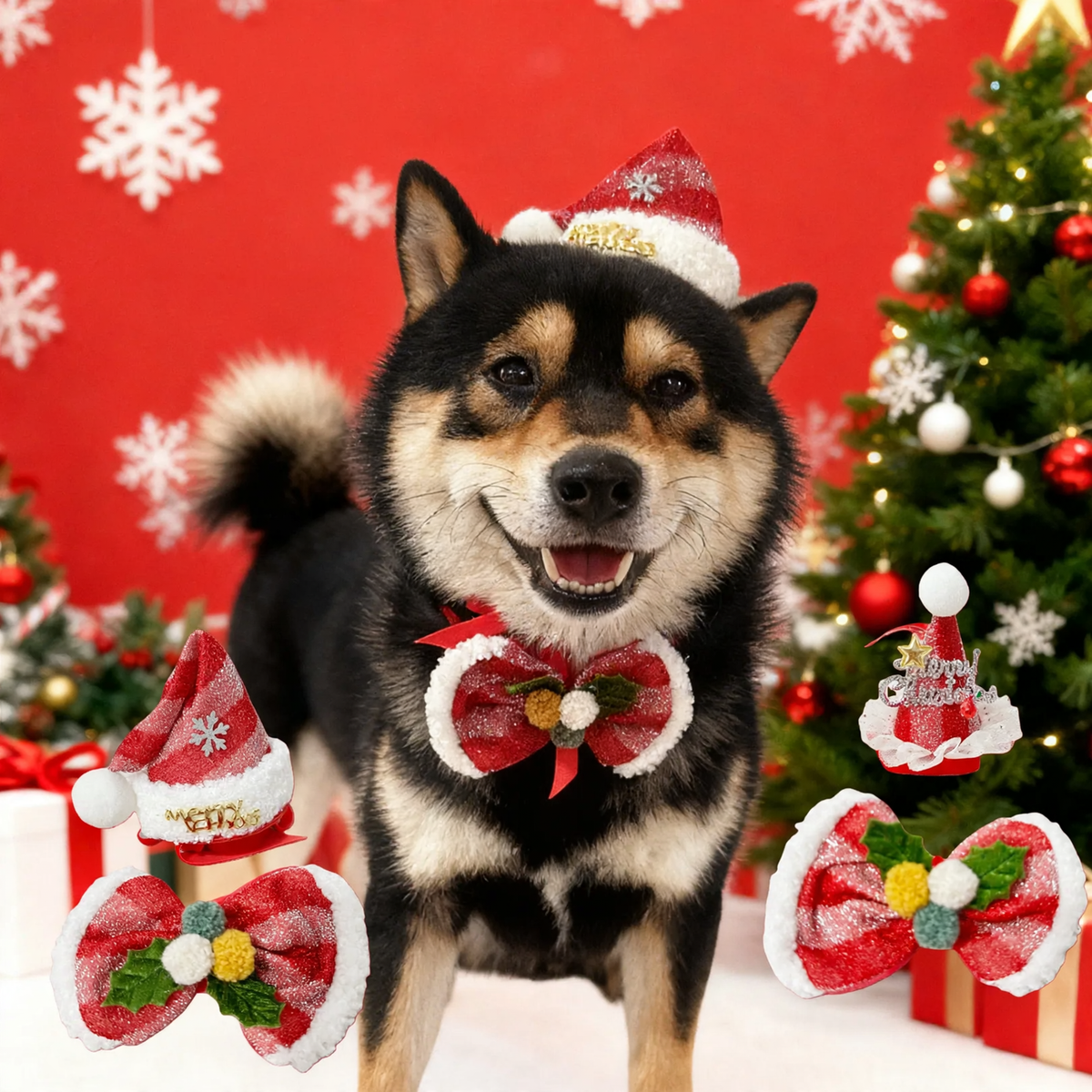 Weihnachts-Accessoires für Haustiere, Hut und Schleife