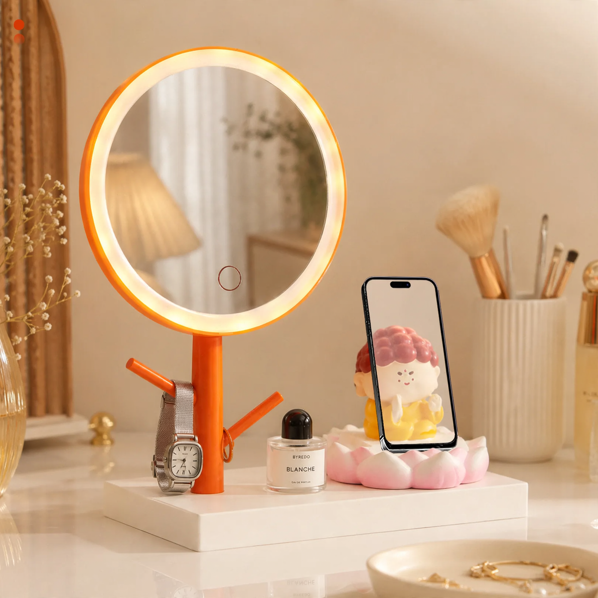 Schminkspiegel mit LED-Licht und Handyhalter