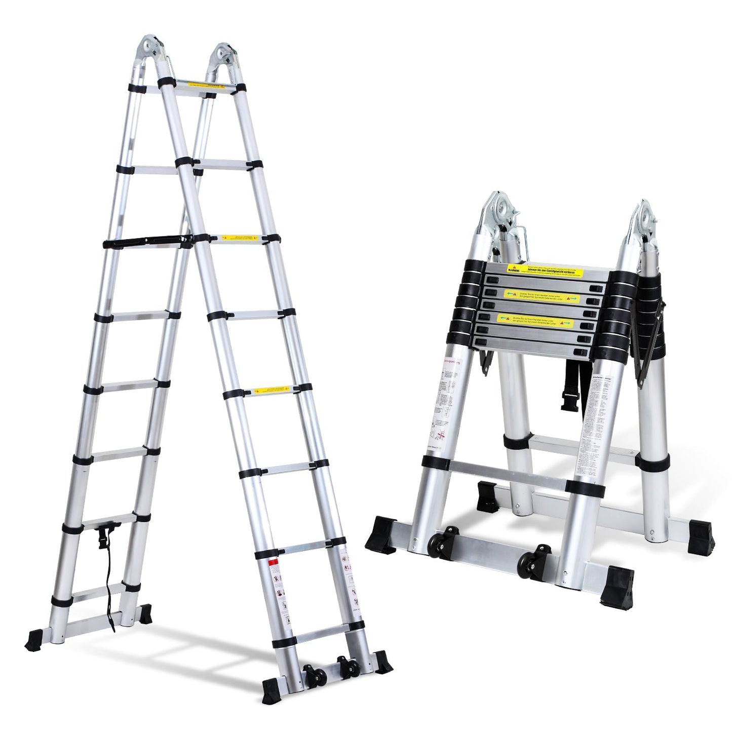 5M Alu Teleskopleiter Klappleiter mit Rädern und Dreiecksstabilisator | Brehn