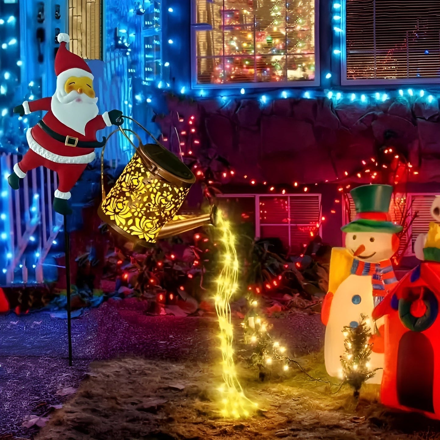 Solarbetriebene Weihnachtsbeleuchtung mit Weihnachtsmann und Laternen – Dekoration für Garten und Terrasse | Warmweiß und farbig, batterielos