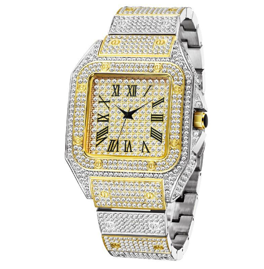 Brehn | MISSFOX Ice Out Square Herrenuhr | 18K Gold Nano-Vakuum-Beschichtung | Schweizer Quarz-Uhrwerk | Vollbesetzt mit Lab-Diamanten | Edelstahl-Gehäuse | Wasserdicht 3 ATM