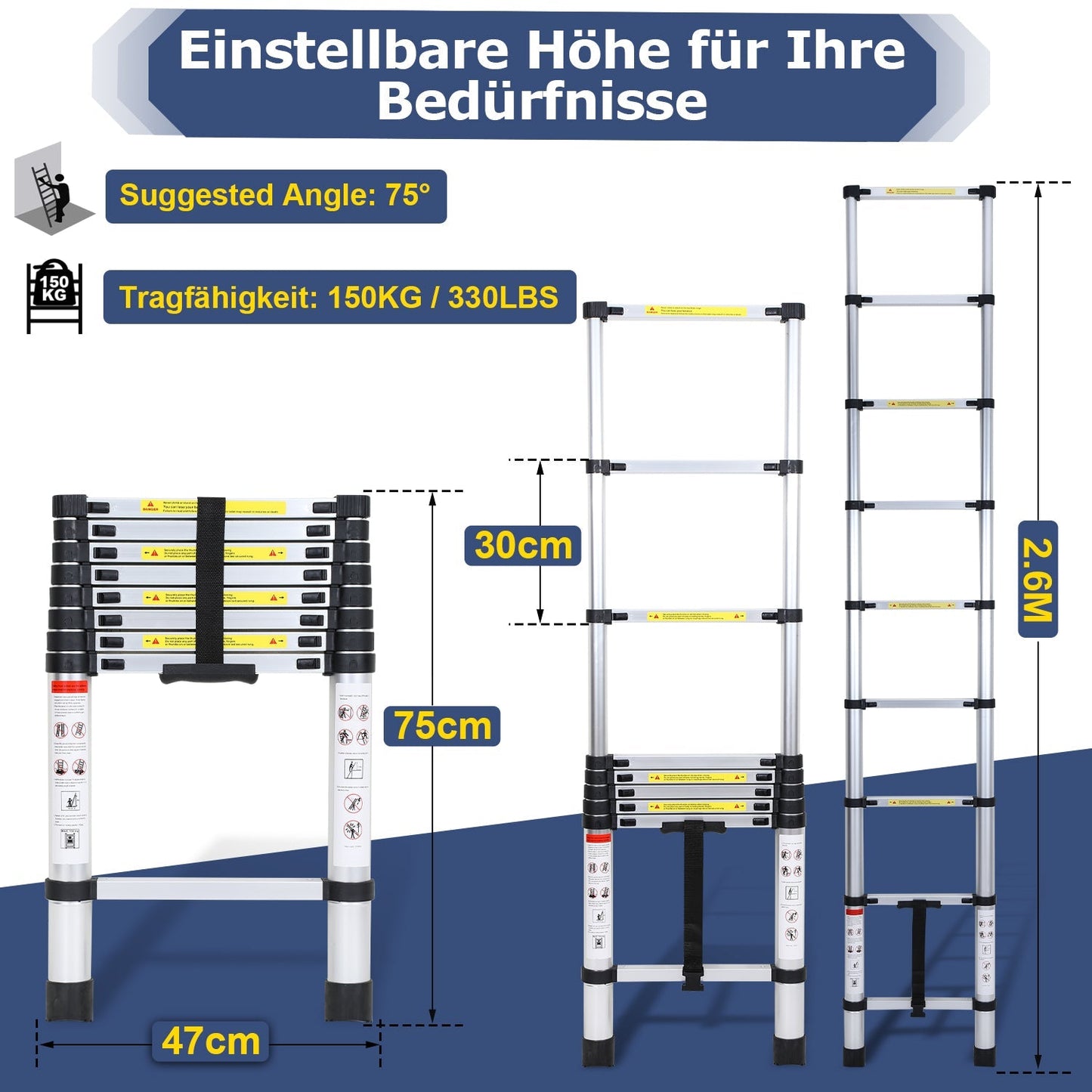 Teleskopleiter Aluminium Belastbarkeit bis zu 150kg 2.6m-5m | Brehn