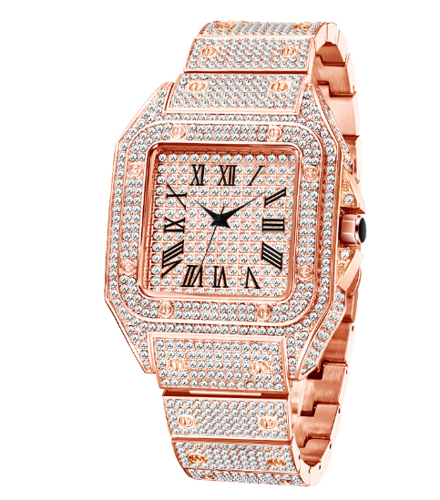Brehn | MISSFOX Ice Out Square Herrenuhr | 18K Gold Nano-Vakuum-Beschichtung | Schweizer Quarz-Uhrwerk | Vollbesetzt mit Lab-Diamanten | Edelstahl-Gehäuse | Wasserdicht 3 ATM