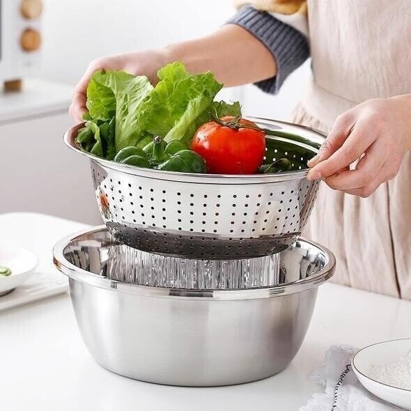 3-in-1 Rührschüssel-Set Edelstahl mit Reibe und Sieb | Brehn