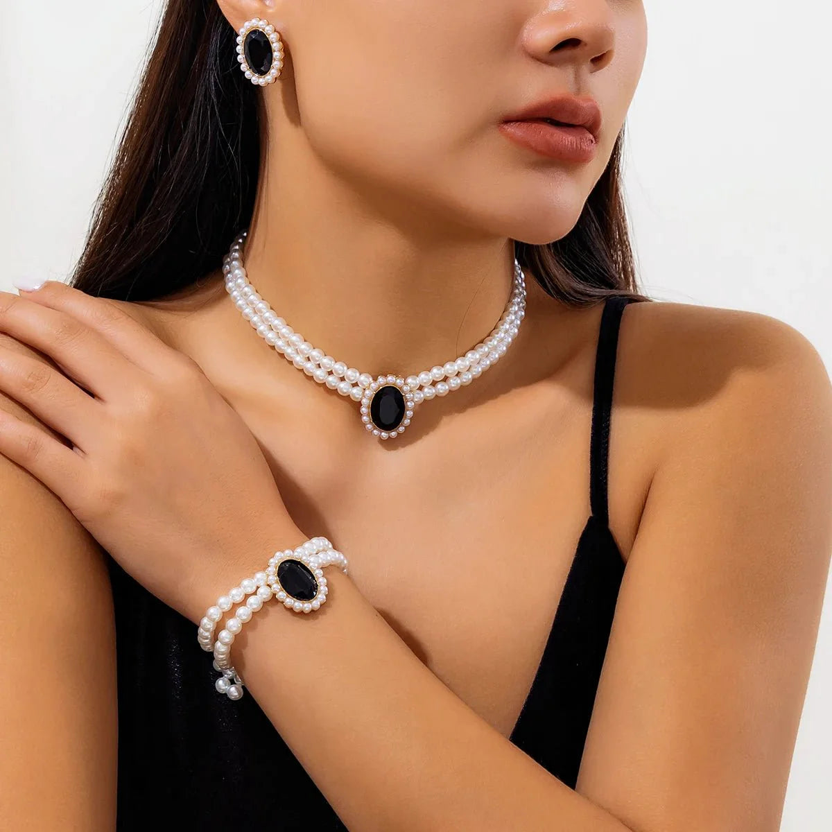 Brehn | Elegantes ovales Diamant-Perlen-Halsketten-, Armband-, Ohrringe-Set