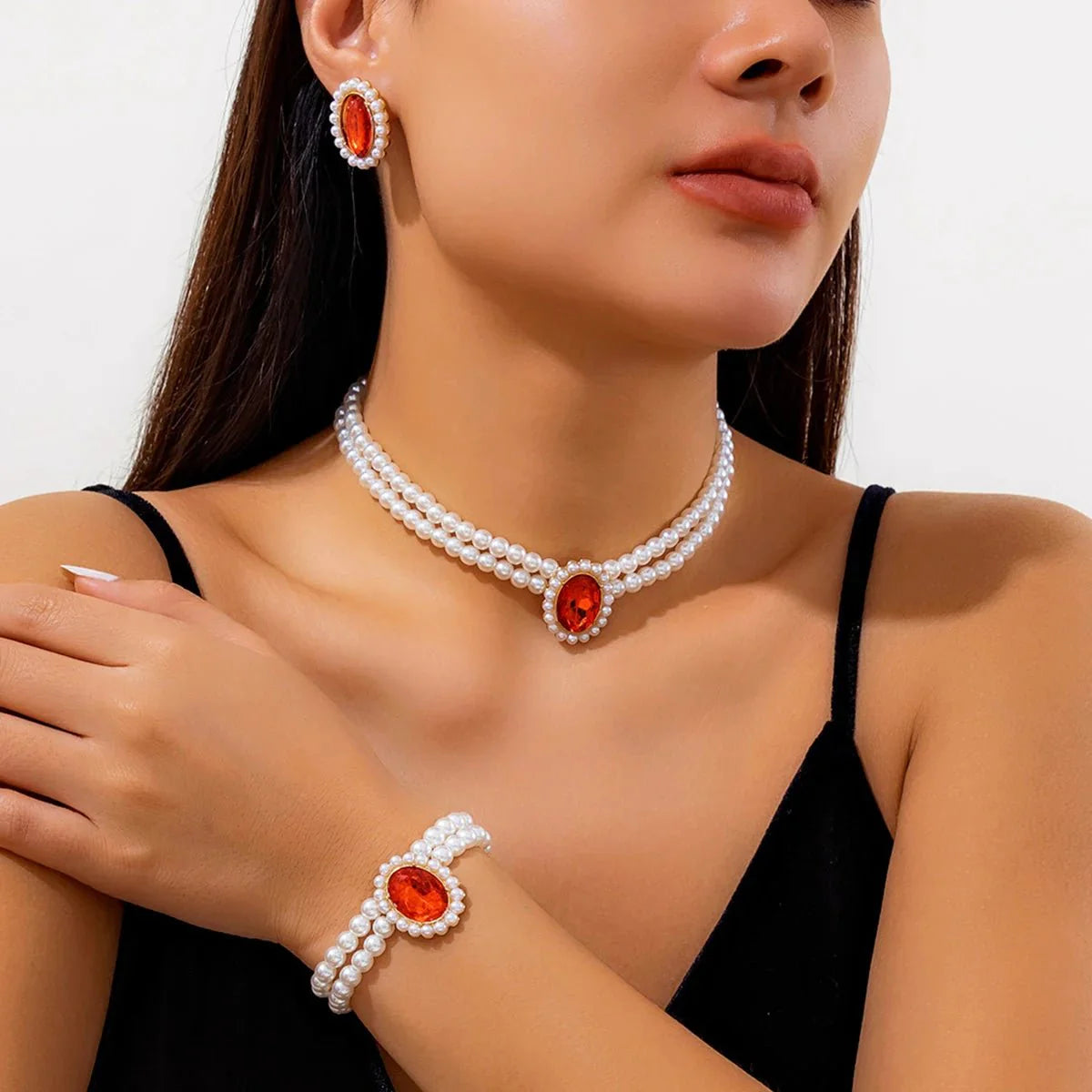 Brehn | Elegantes ovales Diamant-Perlen-Halsketten-, Armband-, Ohrringe-Set