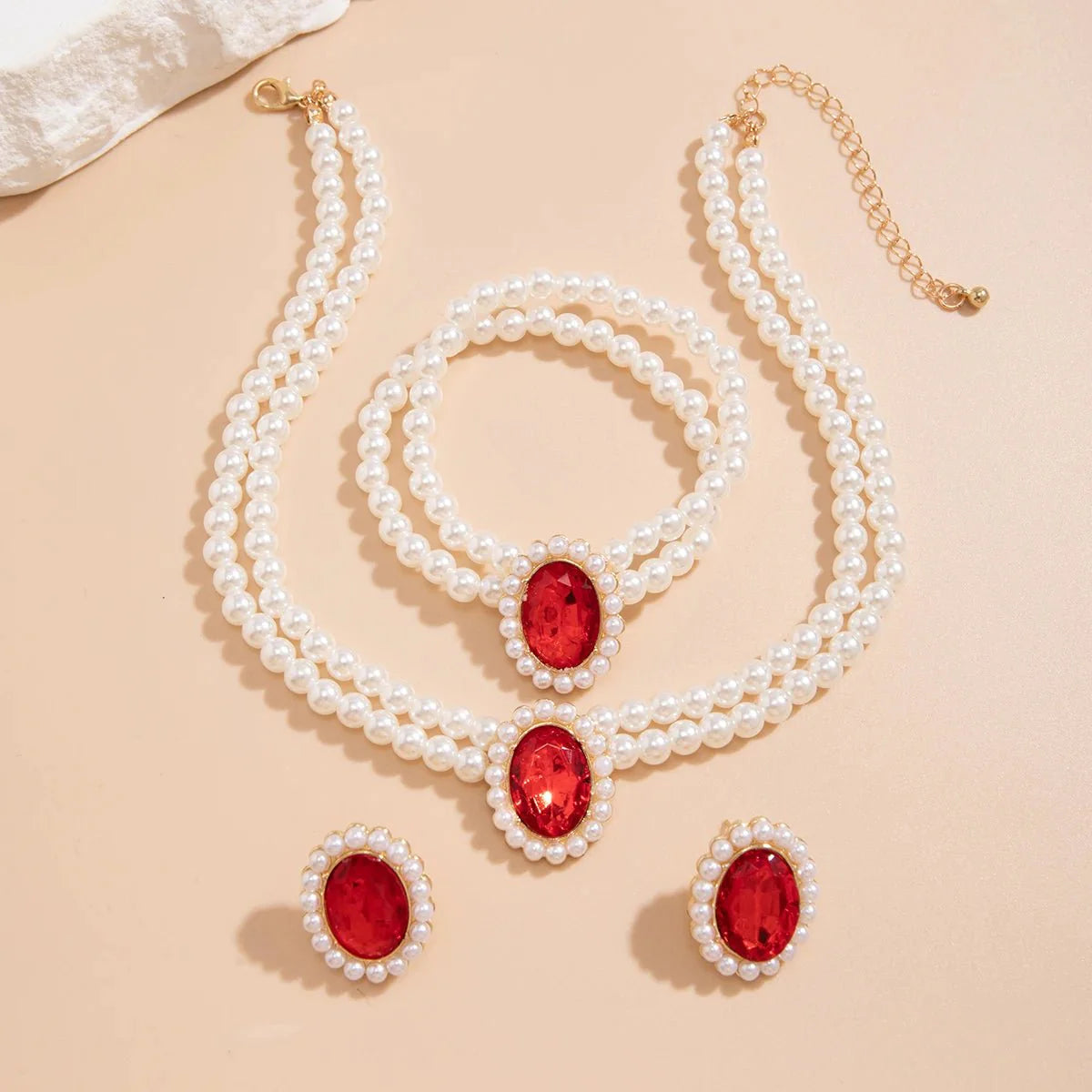 Brehn | Elegantes ovales Diamant-Perlen-Halsketten-, Armband-, Ohrringe-Set