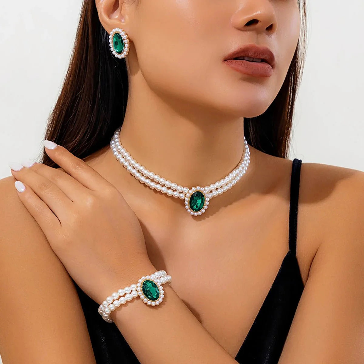 Brehn | Elegantes ovales Diamant-Perlen-Halsketten-, Armband-, Ohrringe-Set