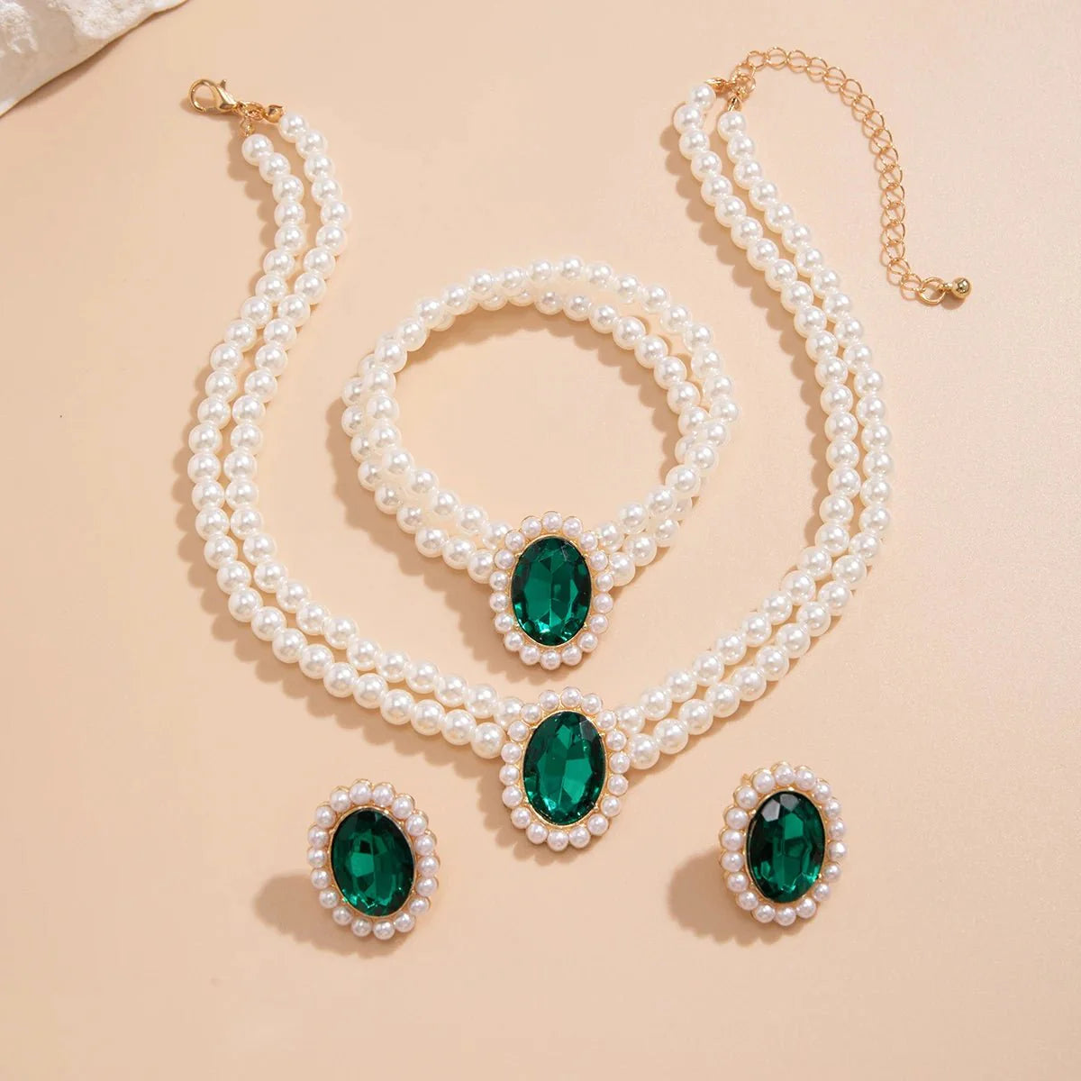 Brehn | Elegantes ovales Diamant-Perlen-Halsketten-, Armband-, Ohrringe-Set