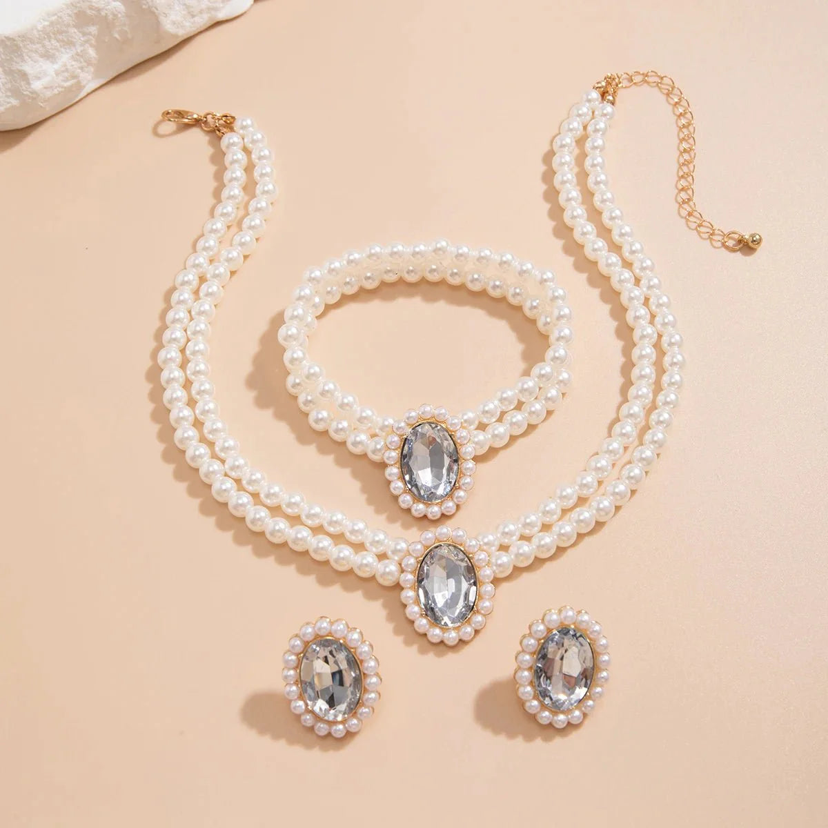 Brehn | Elegantes ovales Diamant-Perlen-Halsketten-, Armband-, Ohrringe-Set