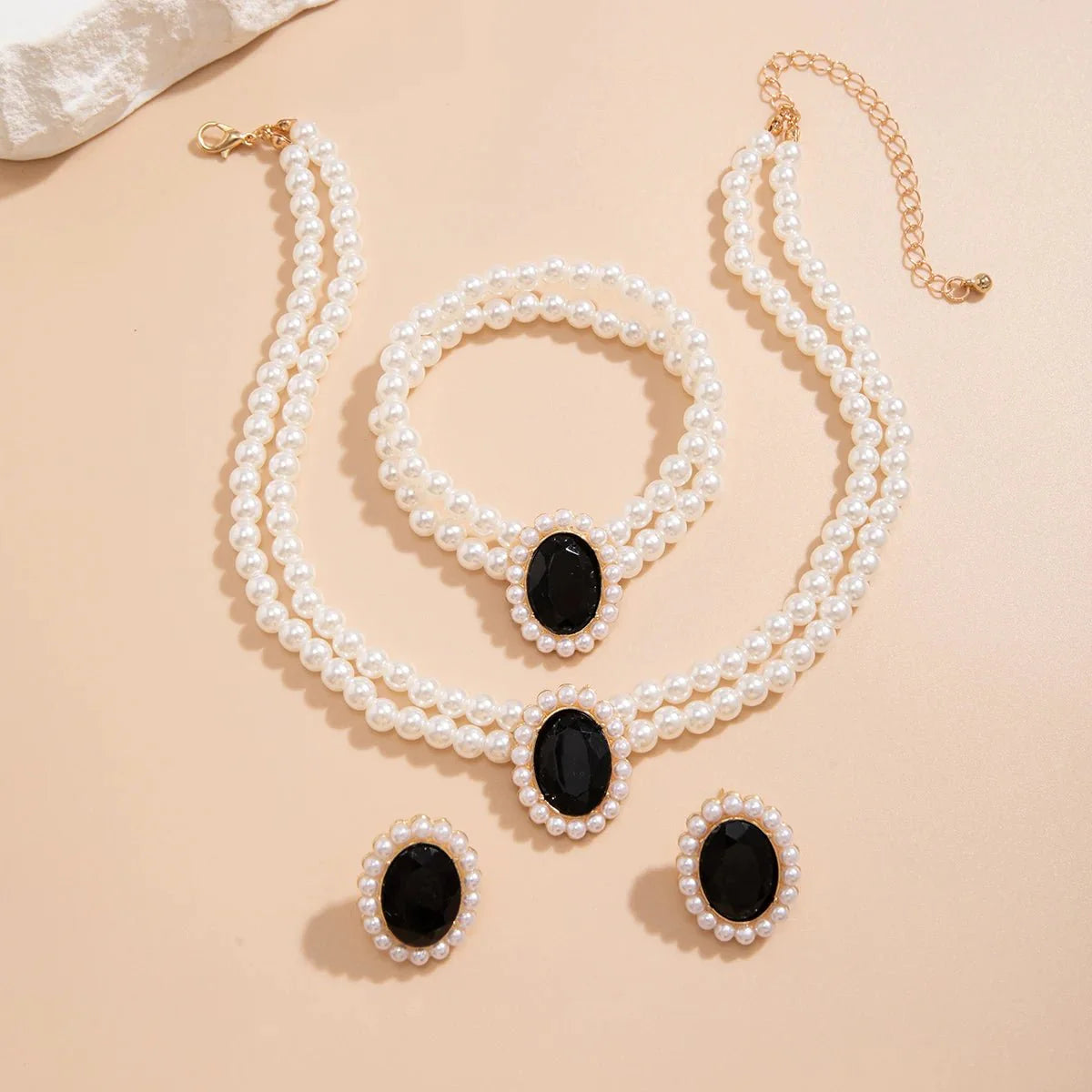 Brehn | Elegantes ovales Diamant-Perlen-Halsketten-, Armband-, Ohrringe-Set