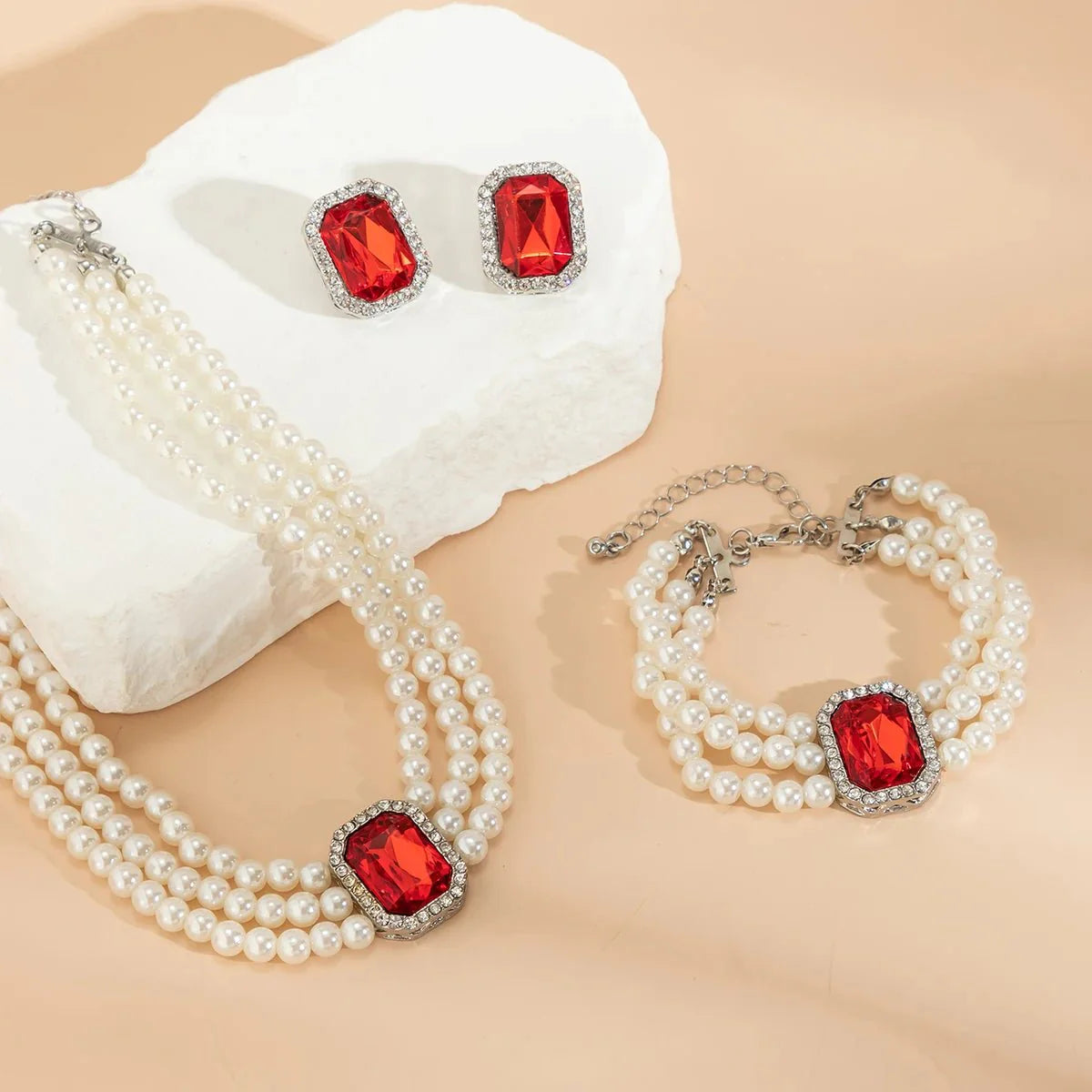 Brehn | Elegantes Perlen-Diamant-Halskette, Armband und Ohrringe Set