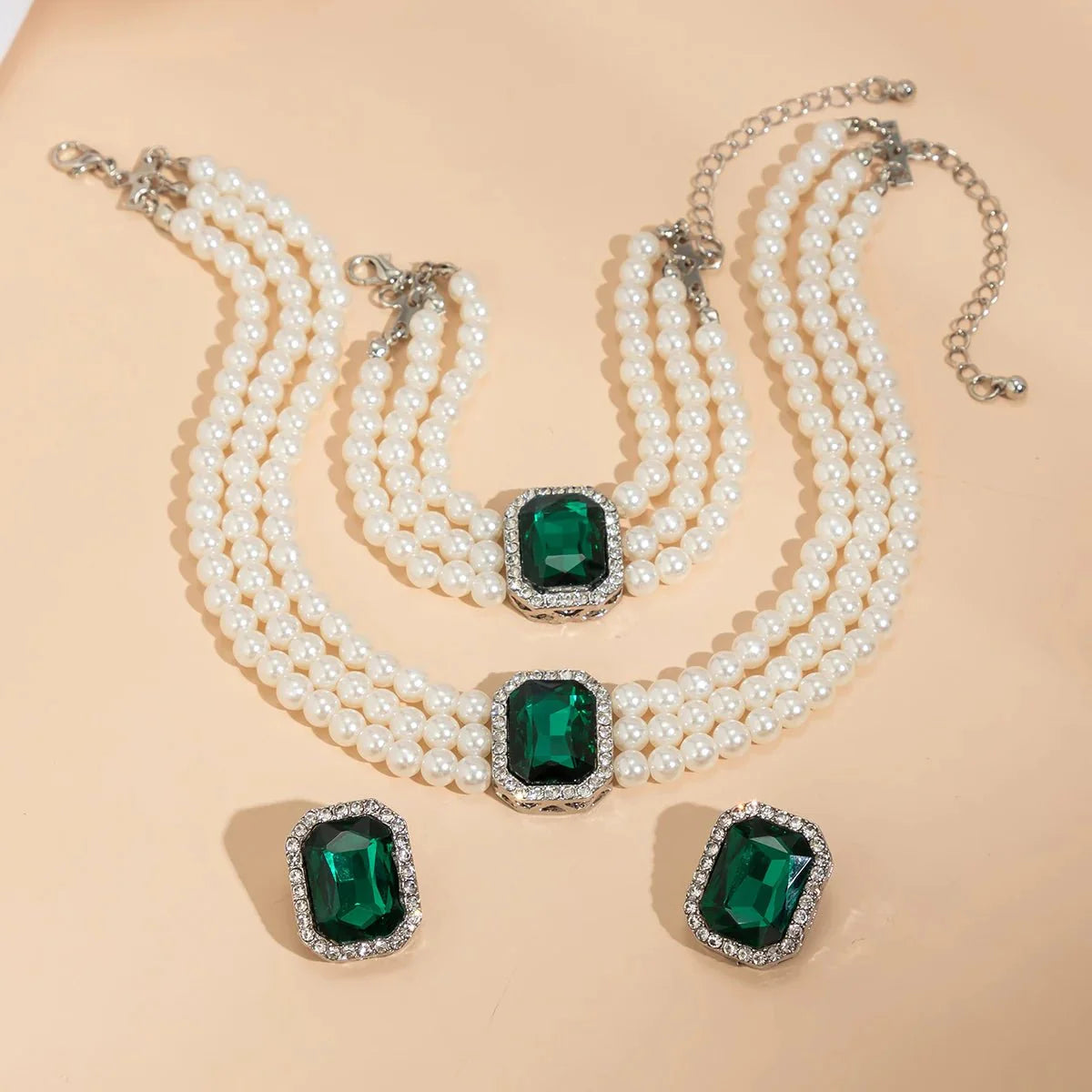 Brehn | Elegantes Perlen-Diamant-Halskette, Armband und Ohrringe Set