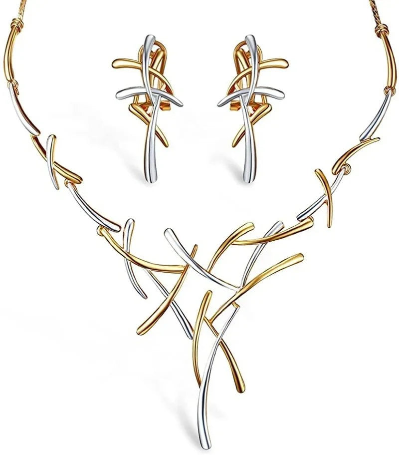Brehn | Elegantes zweifarbiges Ast-Kreuz Halsketten- und Ohrring-Set