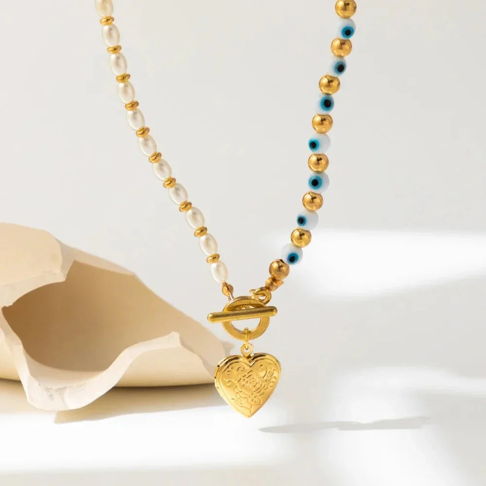 Brehn | Böse Augen Perlen Herz Locket Halskette