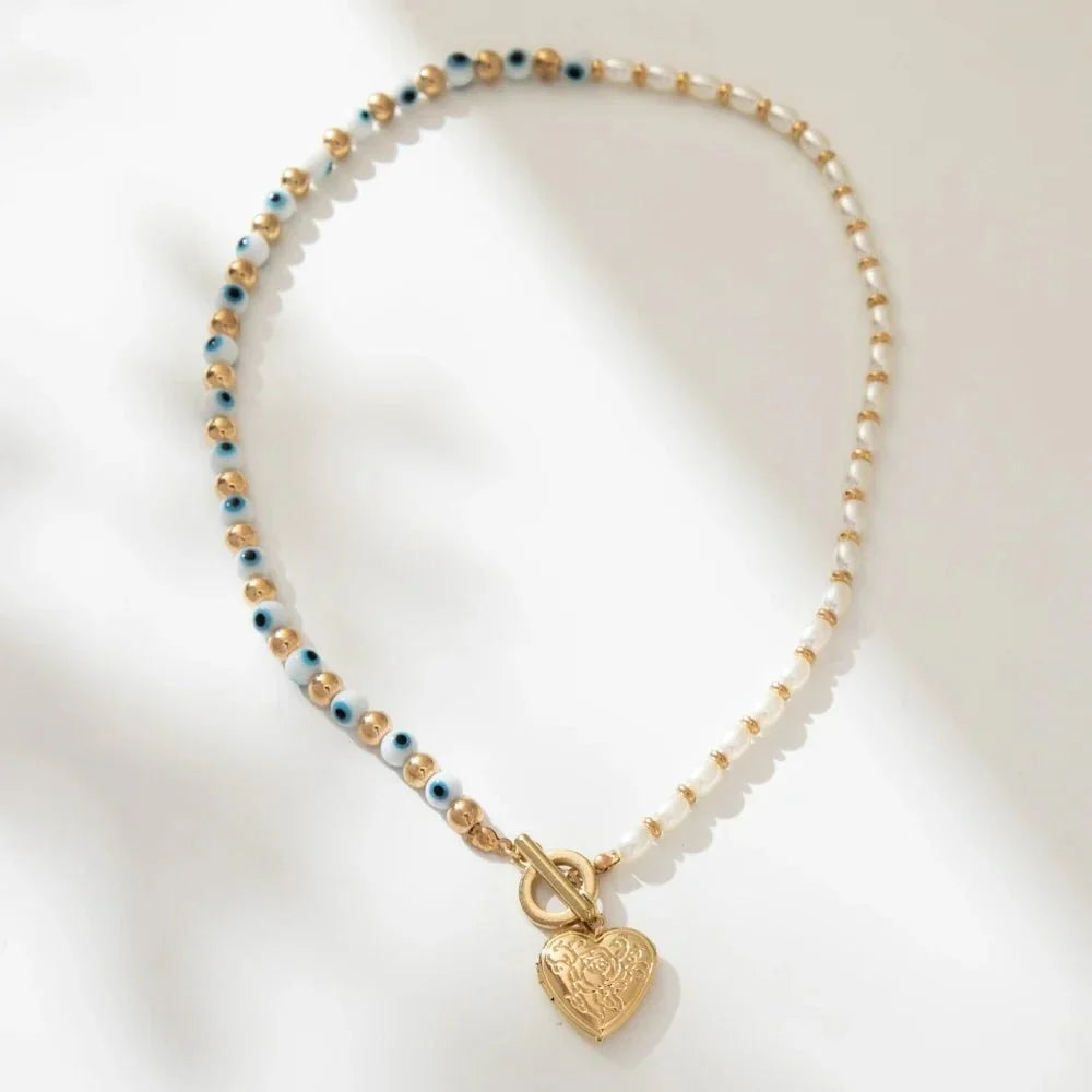 Brehn | Böse Augen Perlen Herz Locket Halskette
