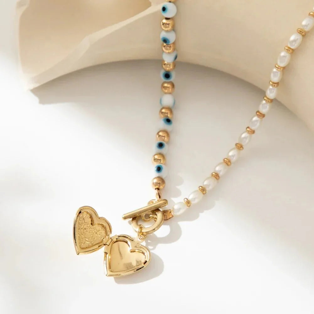 Brehn | Böse Augen Perlen Herz Locket Halskette