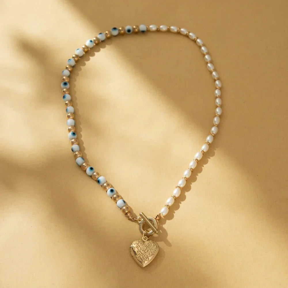 Brehn | Böse Augen Perlen Herz Locket Halskette