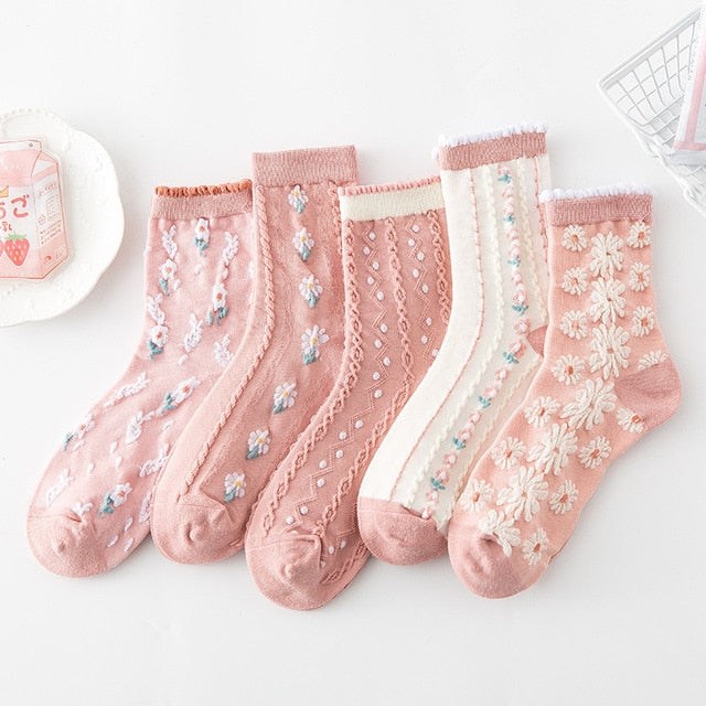 5 Paar Vintage Blumen Stickerei Socken