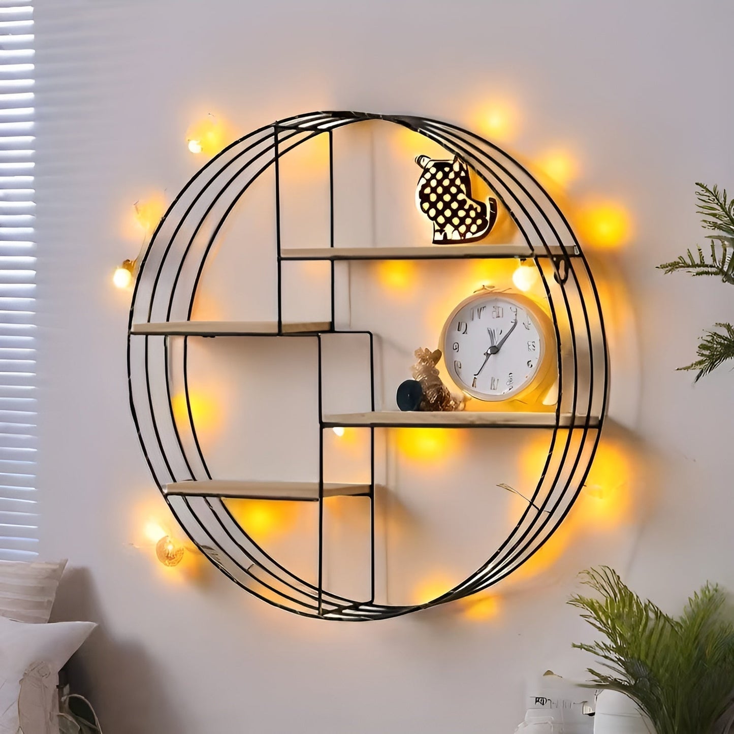 Rundes Wandregal mit 4 Ebenen – Retro-Design aus Holz und Metall | Dekoratives Hängeregal für Wohnzimmer, Badezimmer und Schlafzimmer