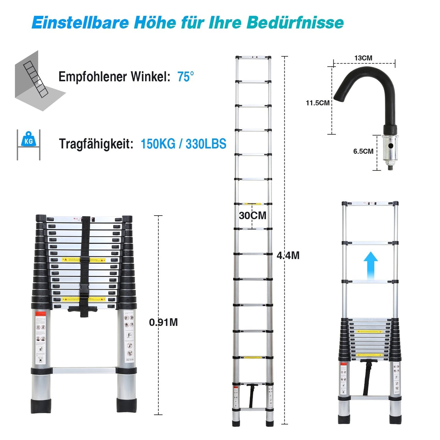 Teleskopleiter mit 2 Abnehmbarem Haken | Brehn