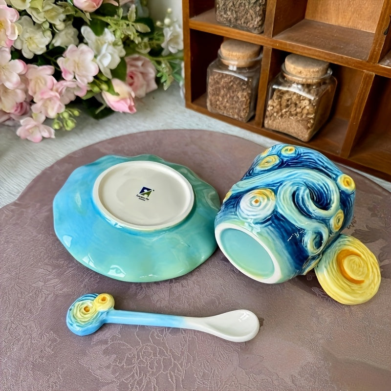 ArtSip Keramiktasse & Untertasse Set – Handgemalte 3D-Design inspiriert von Van Gogh | Brehn