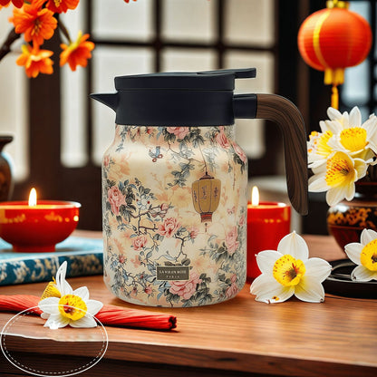 Teethermoskanne mit Vintage-Blumenmuster – mit integriertem Teesieb