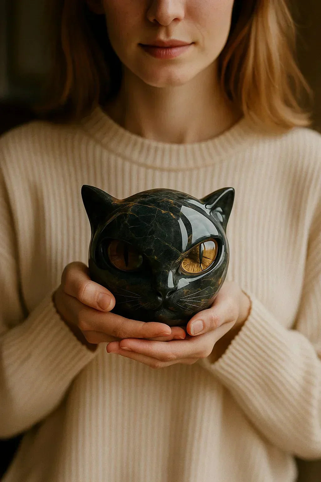 Brehn | NoirCat Skulptur – Schwarzer Katzenkopf mit hypnotisierenden Augen