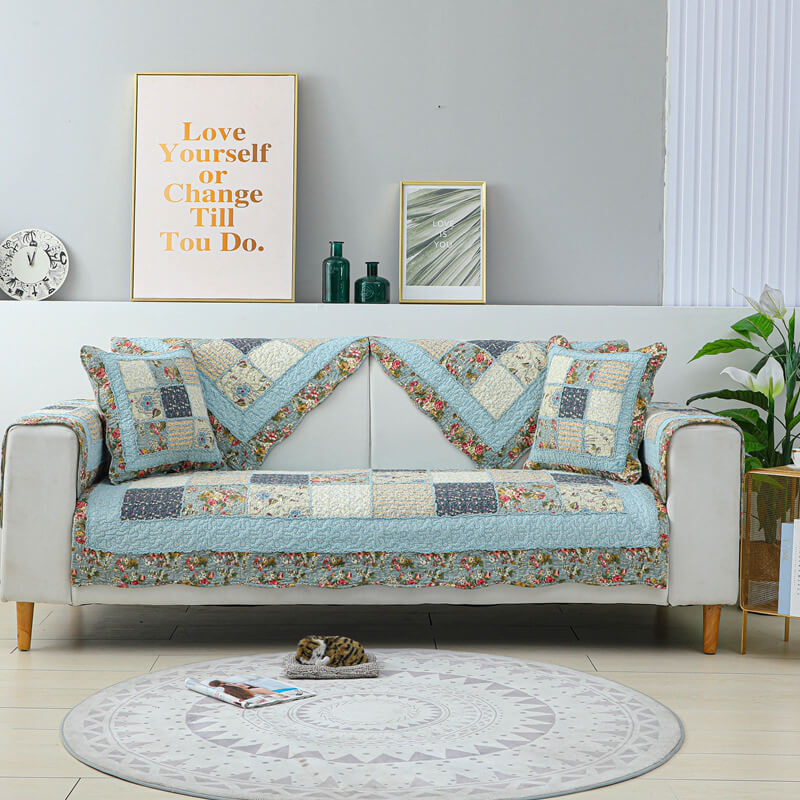 Vintage Flower Plaid Baumwollsofa Bezug - Weiches umweltfreundliches Design | Brehn