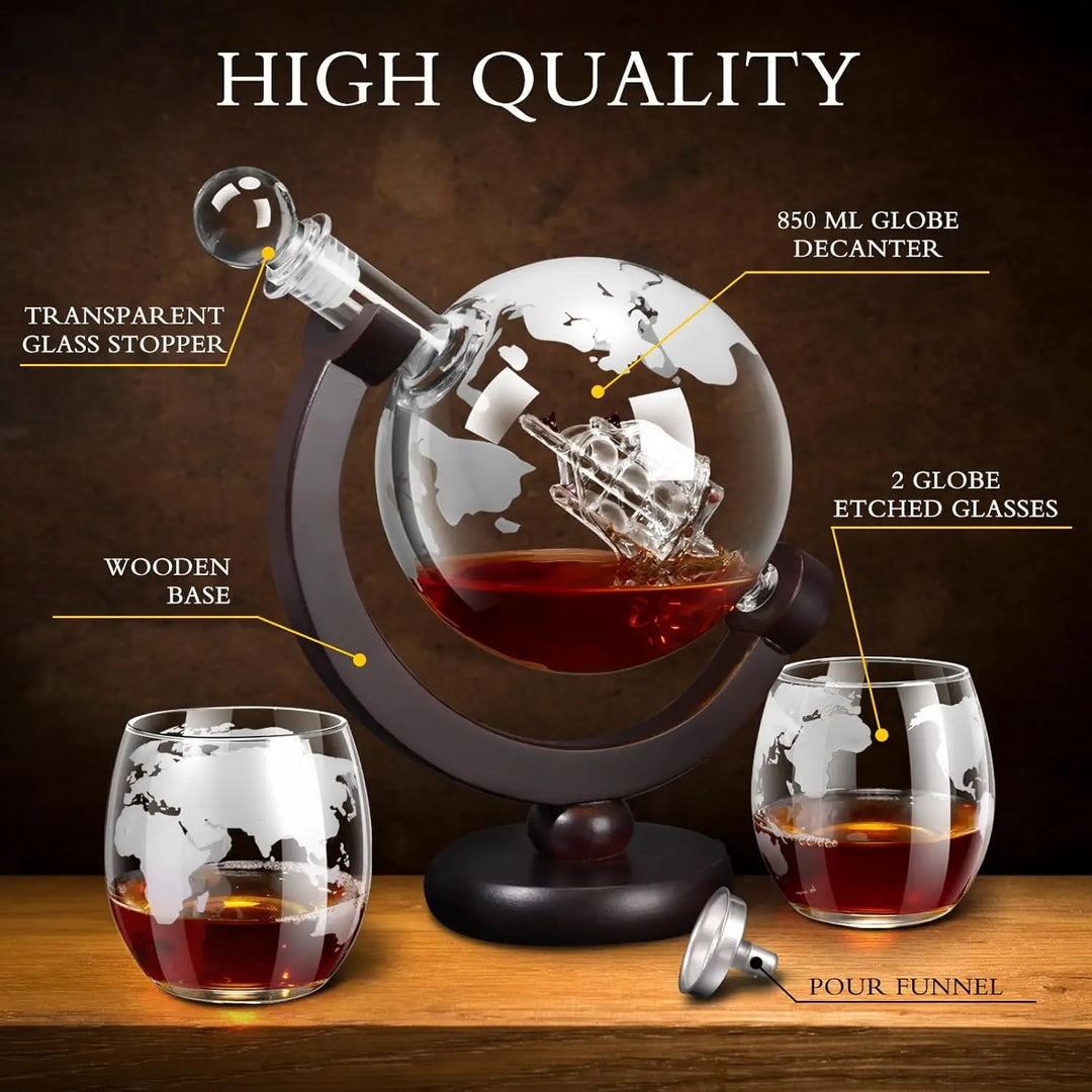 Glas Whisky Dekanter Set mit Holzständer Graviertes Weltkugel-Design | Brehn