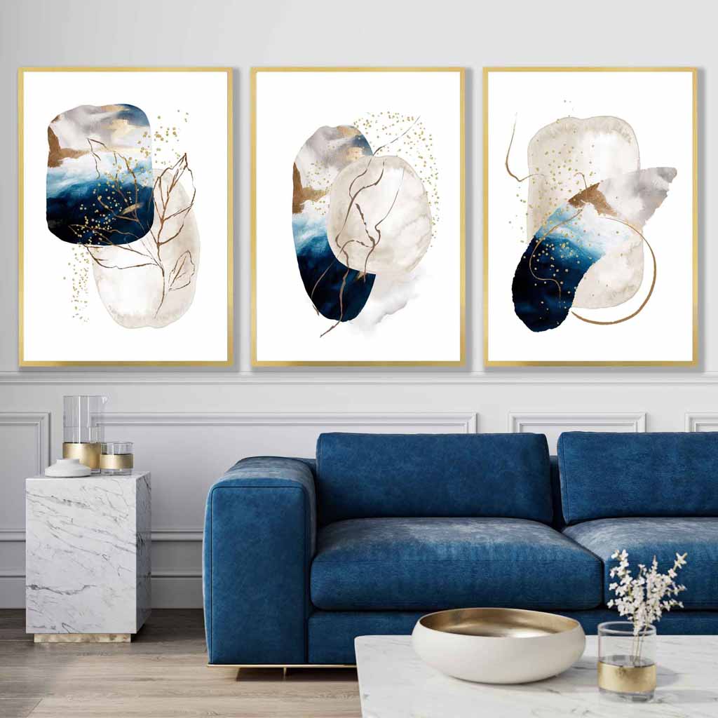 Abstraktes, strukturiertes Wandbild-Set in Marineblau, Elfenbein und Gold (3-teilig)