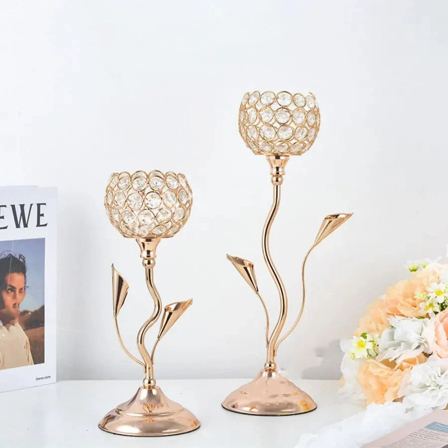 Goldene Kristallblumenform Kerzenhalter Set - Metall Klassisches Design | Brehn
