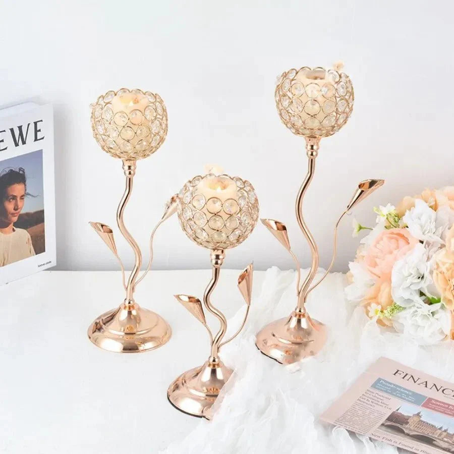 Goldene Kristallblumenform Kerzenhalter Set - Metall Klassisches Design | Brehn