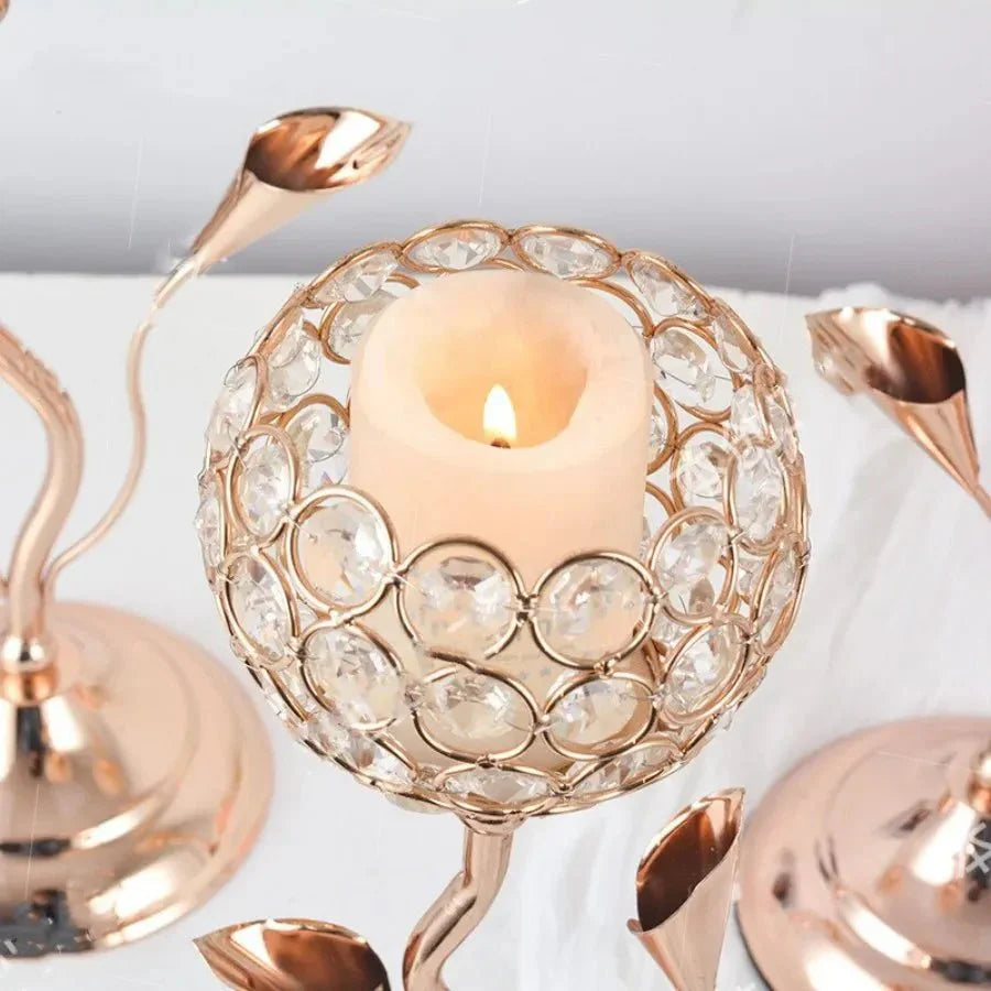 Goldene Kristallblumenform Kerzenhalter Set - Metall Klassisches Design | Brehn