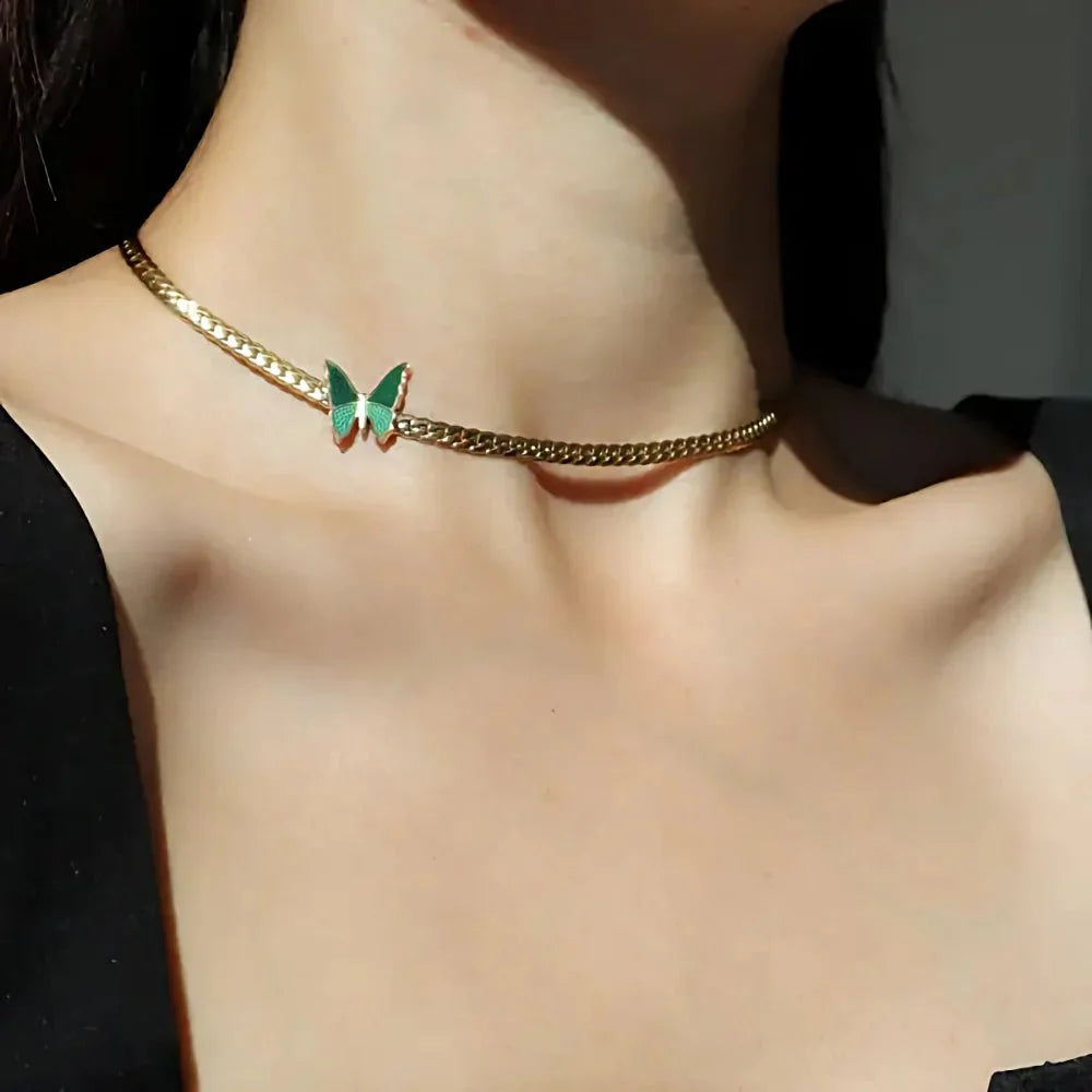 Brehn | Goldene Fischgräten-Schmetterlings-Choker-Halskette